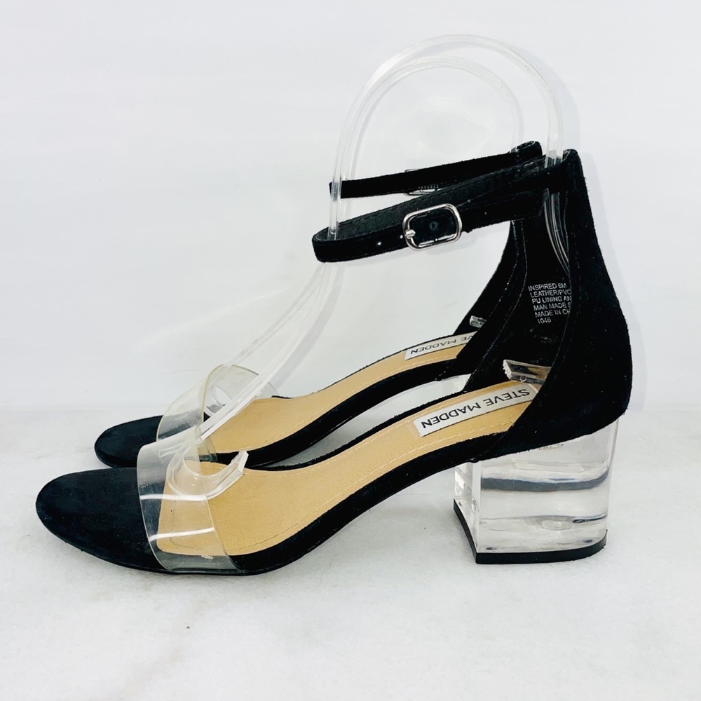 Steve Madden Black Vinyl Block Heel Sandals - Picture 3 of 9